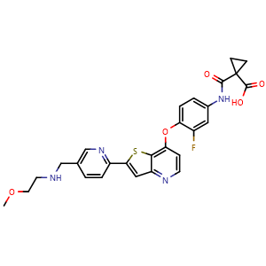 Chemical structure of 1-[[3-Fluoro-4-[[2-[5-[[(2-methoxyethyl)amino]methyl]pyridin-2-yl]thieno[3,2-b]pyridin-7-yl]oxy]phenyl]carbamoyl]cyclopropanecarboxylic acid , CAS 3031799-50-2, AChemBlock AD243770