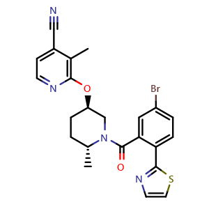 Chemical structure of 2-(((3R,6R)-1-(5-bromo-2-(thiazol-2-yl)benzoyl)-6-methylpiperidin-3-yl)oxy)-3-methylisonicotinonitrile , CAS 3037660-28-6, AChemBlock AD243771