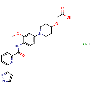 Chemical structure of 2-((1-(4-(6-(1H-Pyrazol-3-yl)picolinamido)-3-methoxyphenyl)piperidin-4-yl)oxy)acetic acid hydrochloride , CAS 3010286-91-3, AChemBlock AD243772