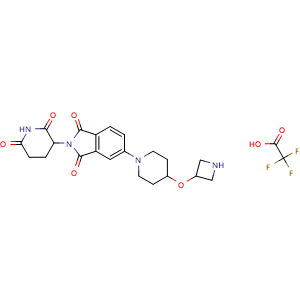 Chemical structure of 5-(4-(azetidin-3-yloxy)piperidin-1-yl)-2-(2,6-dioxopiperidin-3-yl)isoindoline-1,3-dione 2,2,2-trifluoroacetate , CAS 3037693-04-9, AChemBlock AD243773