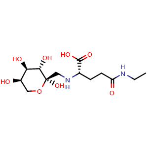Chemical structure of N5-ethyl-N2-(((2R,3S,4R,5R)-2,3,4,5-tetrahydroxytetrahydro-2H-pyran-2-yl)methyl)-L-glutamine , CAS 79886-48-9, AChemBlock AD243780