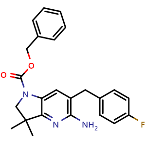 Chemical structure of Benzyl 5-amino-6-(4-fluorobenzyl)-3,3-dimethyl-2,3-dihydro-1H-pyrrolo[3,2-b]pyridine-1-carboxylate , CAS 2983535-96-0, AChemBlock AD243790