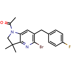Chemical structure of 1-(5-Bromo-6-(4-fluorobenzyl)-3,3-dimethyl-2,3-dihydro-1H-pyrrolo[3,2-b]pyridin-1-yl)ethan-1-one , CAS 1799328-05-4, AChemBlock AD243799