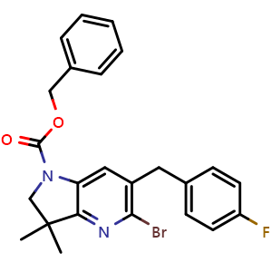 Chemical structure of Benzyl 5-bromo-6-(4-fluorobenzyl)-3,3-dimethyl-2,3-dihydro-1H-pyrrolo[3,2-b]pyridine-1-carboxylate , CAS 2983536-32-7, AChemBlock AD243824