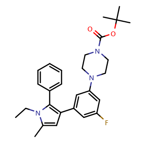 Chemical structure of tert-Butyl 4-(3-(1-ethyl-5-methyl-2-phenyl-1H-pyrrol-3-yl)-5-fluorophenyl)piperazine-1-carboxylate , AChemBlock AD243848
