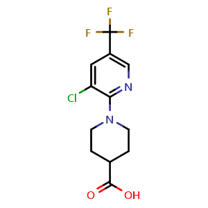 Chemical structure of 1-[3-chloro-5-(trifluoromethyl)pyridin-2-yl]piperidine-4-carboxylic acid , CAS 337919-65-0, AChemBlock AD243873