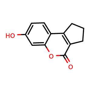 Chemical structure of 2,3-Dihydro-7-hydroxycyclopenta[c][1]benzopyran-4(1H)-one , CAS 21260-41-3, AChemBlock AD243910