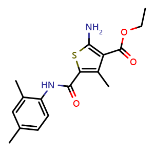 Chemical structure of Ethyl 2-amino-5-[(2,4-dimethylphenyl)carbamoyl]-4-methylthiophene-3-carboxylate , CAS 329082-05-5, AChemBlock AD243919