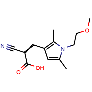 Chemical structure of 2-Cyano-3-[1-(2-methoxyethyl)-2,5-dimethyl-1h-pyrrol-3-yl]prop-2-enoic acid , CAS 743440-54-2, AChemBlock AD243946