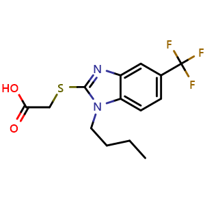 Chemical structure of 2-{[1-Butyl-5-(trifluoromethyl)-1h-1,3-benzodiazol-2-yl]sulfanyl}acetic acid , CAS 868238-03-3, AChemBlock AD243978