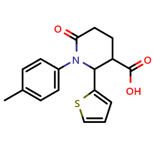 Chemical structure of 6-Oxo-2-(thiophen-2-yl)-1-(p-tolyl)piperidine-3-carboxylic acid , CAS 855715-10-5, AChemBlock AD243991