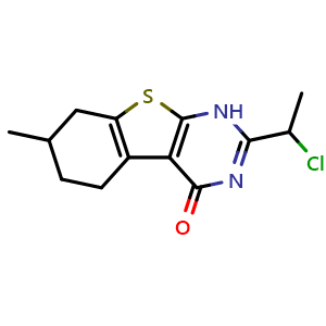 Chemical structure of 2-(1-Chloroethyl)-5,6,7,8-tetrahydro-7-methyl[1]benzothieno[2,3-d]pyrimidin-4(1H)-one , CAS 733030-56-3, AChemBlock AD244005