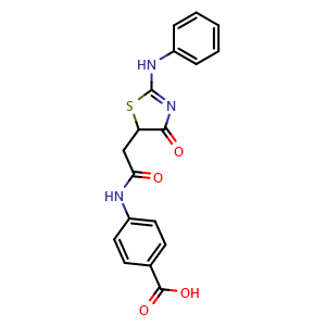Chemical structure of 4-{2-[4-Oxo-2-(phenylamino)-4,5-dihydro-1,3-thiazol-5-yl]acetamido}benzoic acid , CAS 101413-77-8, AChemBlock AD244011