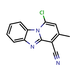 Chemical structure of 1-Chloro-3-methylpyrido[1,2-a]benzimidazole-4-carbonitrile , CAS 121105-78-0, AChemBlock AD244031
