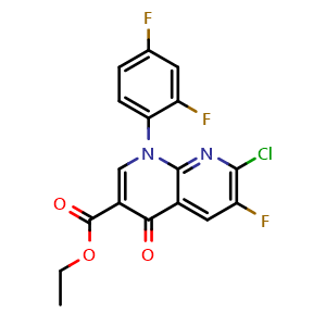 Chemical structure of Ethyl 7-chloro-1-(2,4-difluorophenyl)-6-fluoro-4-oxo-1,4-dihydro-1,8-naphthyridine-3-carboxylate , CAS 100491-29-0, AChemBlock AD244137
