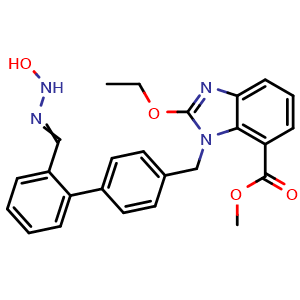 Chemical structure of 2-Ethoxy-1-[[2'-[(hydroxyamino)iminomethyl][1,1'-biphenyl]-4-yl]methyl]-1H-benzimidazole-7-carboxylic acid methyl ester , CAS 147403-65-4, AChemBlock AD244191