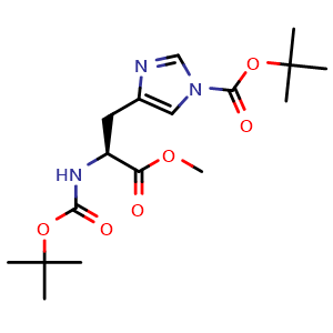 Chemical structure of tert-Butyl (S)-4-(2-((tert-Butoxycarbonyl)amino)-3-methoxy-3-oxopropyl)-1H-imidazole-1-carboxylate , CAS 20898-43-5, AChemBlock AD244193
