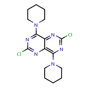 Chemical structure of 2,6-Dichloro-4,8-di(piperidin-1-yl)pyrimido[5,4-d]pyrimidine , CAS 7139-02-8, AChemBlock AD244237