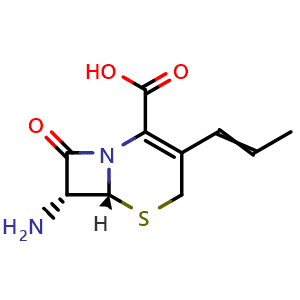 Chemical structure of (6R,7R)-7-Amino-8-oxo-3-(1-propenyl)-5-thia-1-azabicyclo[4.2.0]oct-2-ene-2-carboxylic acid , CAS 120709-09-3, AChemBlock AD244305