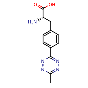 Chemical structure of (S)-2-amino-3-(4-(6-methyl-1,2,4,5-tetrazin-3-yl)phenyl)propanoic acid , CAS 1698038-85-5, AChemBlock AD244452
