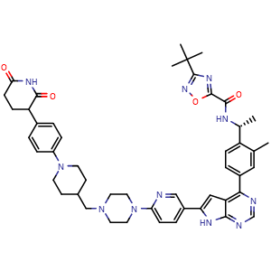Chemical structure of 3-(tert-butyl)-N-((1R)-1-(4-(6-(6-(4-((1-(4-(2,6-dioxopiperidin-3-yl)phenyl)piperidin-4-yl)methyl)piperazin-1-yl)pyridin-3-yl)-7H-pyrrolo[2,3-d]pyrimidin-4-yl)-2-methylphenyl)ethyl)-1,2,4-oxadiazole-5-carboxamide , CAS 2736508-94-2, AChemBlock AD244498