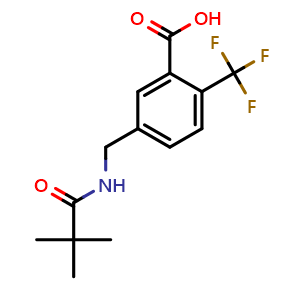 Chemical structure of 5-[(2,2-Dimethylpropanoylamino)methyl]-2-(trifluoromethyl)benzoic acid , CAS 1294496-79-9, AChemBlock AD244503