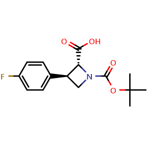 Chemical structure of (2R,3R)-1-tert-Butoxycarbonyl-3-(4-fluorophenyl)azetidine-2-carboxylic acid , CAS 2816820-15-0, AChemBlock AD244512