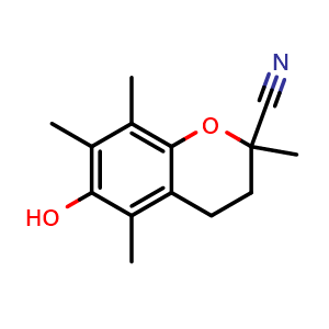 Chemical structure of 3,4-Dihydro-6-hydroxy-2,5,7,8-tetramethyl-2H-1-benzopyran-2-carbonitrile , CAS 53713-29-4, AChemBlock AD244533