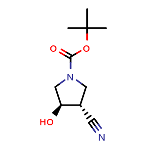 Chemical structure of tert-Butyl (3R,4R)-3-cyano-4-hydroxy-pyrrolidine-1-carboxylate , CAS 895241-94-8, AChemBlock AD244545