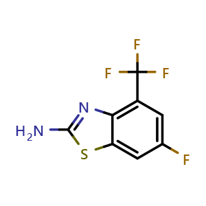 Chemical structure of 6-Fluoro-4-(trifluoromethyl)-1,3-benzothiazol-2-amine , CAS 2025183-16-6, AChemBlock AD244550