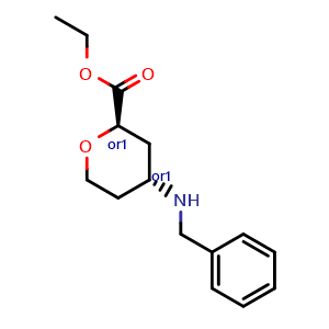 Chemical structure of Ethyl trans-4-(benzylamino)tetrahydropyran-2-carboxylate , CAS 2954726-78-2, AChemBlock AD244562