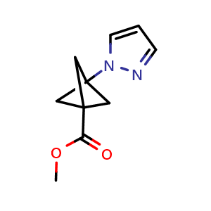 Chemical structure of Methyl 3-pyrazol-1-ylbicyclo[1.1.1]pentane-1-carboxylate , CAS 2566778-47-8, AChemBlock AD244595