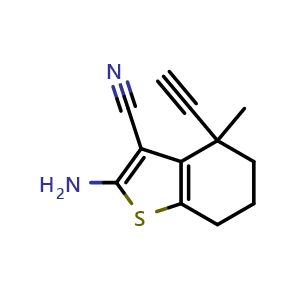 Chemical structure of 2-Amino-4-ethynyl-4-methyl-6,7-dihydro-5H-benzothiophene-3-carbonitrile , CAS 2749966-45-6, AChemBlock AD244608