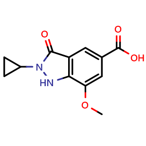 Chemical structure of 2-Cyclopropyl-7-methoxy-3-oxo-1H-indazole-5-carboxylic acid , CAS 2829370-11-6, AChemBlock AD244614