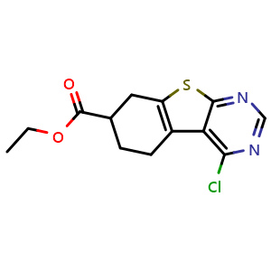Chemical structure of Ethyl 4-chloro-5,6,7,8-tetrahydrobenzo[4,5]thieno[2,3-d]pyrimidine-7-carboxylate , CAS 835632-31-0, AChemBlock AD244629