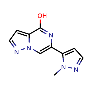 Chemical structure of 6-(2-Methylpyrazol-3-yl)pyrazolo[1,5-a]pyrazin-4-ol , CAS 2940963-37-9, AChemBlock AD244630
