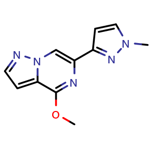 Chemical structure of 4-Methoxy-6-(1-methylpyrazol-3-yl)pyrazolo[1,5-a]pyrazine , CAS 2940939-02-4, AChemBlock AD244632