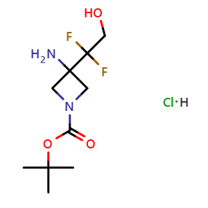 Chemical structure of tert-Butyl 3-amino-3-(1,1-difluoro-2-hydroxy-ethyl)azetidine-1-carboxylate hydrochloride , AChemBlock AD244634