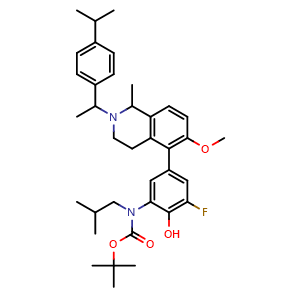 Chemical structure of 2-[Boc-(isobutyl)amino]-6-fluoro-4-[2-[1-(4-isopropylphenyl)ethyl]-6-methoxy-1-methyl-1,2,3,4-tetrahydroisoquinolin-5-yl]phenol , AChemBlock AD244643