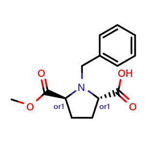 Chemical structure of (2S,5S)-rel-1-Benzyl-5-(methoxycarbonyl)pyrrolidine-2-carboxylic Acid , CAS 111138-50-2, AChemBlock AD244646