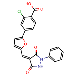 Chemical structure of (Z)-2-chloro-4-(5-((3,5-dioxo-1-phenylpyrazolidin-4-ylidene)methyl)furan-2-yl)benzoic acid , CAS 312706-34-6, AChemBlock AD244676
