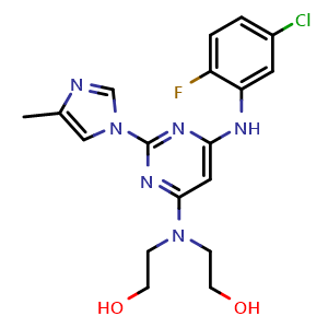 Chemical structure of 2,2'-((6-((5-Chloro-2-fluorophenyl)amino)-2-(4-methyl-1H-imidazol-1-yl)pyrimidin-4-yl)azanediyl)bis(ethan-1-ol) , AChemBlock AD244691
