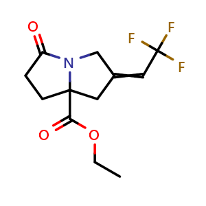 Chemical structure of ethyl 5-oxo-2-(2,2,2-trifluoroethylidene)-hexahydro-1H-pyrrolizine-7a-carboxylate , CAS 3025885-49-5, AChemBlock AD244832