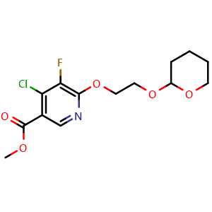 Chemical structure of Methyl 4-chloro-5-fluoro-6-[2-[(tetrahydro-2H-pyran-2-yl)oxy]ethoxy]-3-pyridinecarboxylate , CAS 2711860-08-9, AChemBlock AD244874