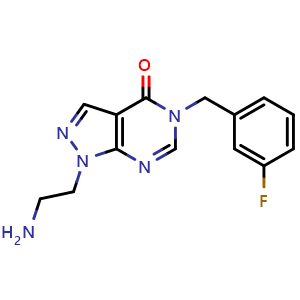 Chemical structure of 1-(2-aminoethyl)-5-(3-fluorobenzyl)-1,5-dihydro-4H-pyrazolo[3,4-d]pyrimidin-4-one , CAS 1105196-92-6, AChemBlock AD244896