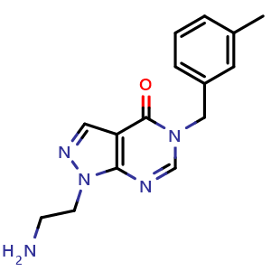 Chemical structure of 1-(2-aminoethyl)-5-(3-methylbenzyl)-1,5-dihydro-4H-pyrazolo[3,4-d]pyrimidin-4-one , CAS 1105197-08-7, AChemBlock AD244897