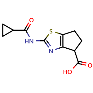 Chemical structure of 2-[(cyclopropylcarbonyl)amino]-5,6-dihydro-4H-cyclopenta[d][1,3]thiazole-4-carboxylic acid , CAS 1219827-78-7, AChemBlock AD244912