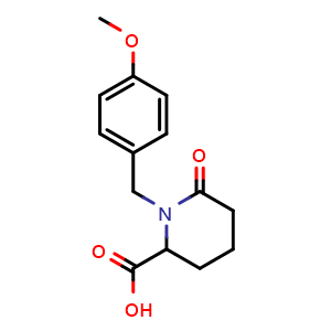 Chemical structure of 1-(4-methoxybenzyl)-6-oxopiperidine-2-carboxylic acid , CAS 2097948-27-9, AChemBlock AD244956