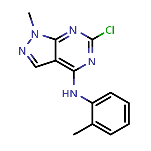 Chemical structure of 6-Chloro-1-methyl-N-(2-methylphenyl)-1H-pyrazolo[3,4-d]pyrimidin-4-amine , CAS 100376-17-8, AChemBlock AD244963