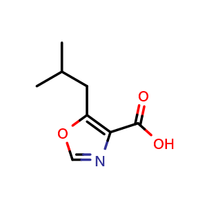 Chemical structure of 5-(2-methylpropyl)-1,3-oxazole-4-carboxylic acid , CAS 1226365-67-8, AChemBlock AD245006